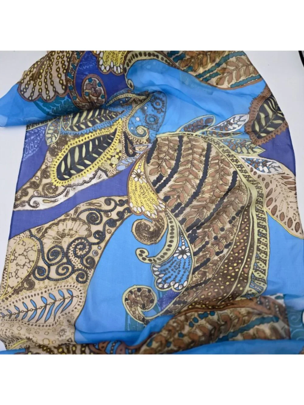 Anne Klein Womens 100% Silk Scarf With Paisley & Floral Print In Blue Brown Gold